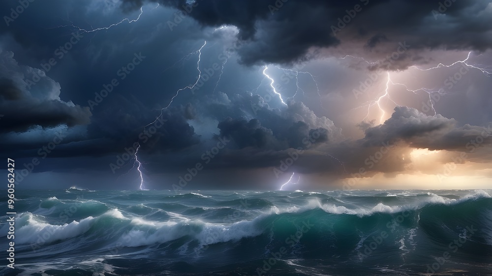 Poster epic massive storm with lightning, thunder, and waves in the ocean with unfavorable weather backgrou