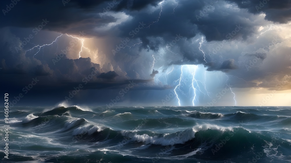 Poster epic massive storm with lightning, thunder, and waves in the ocean with unfavorable weather backgrou