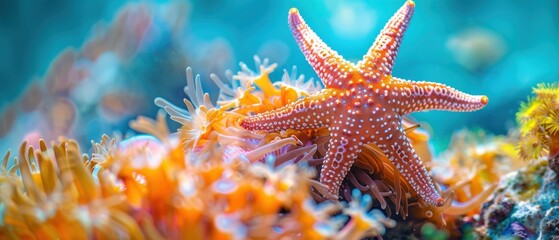 Vibrant Starfish on Colorful Coral Reef - Marine Life Close-Up in Clear Water
