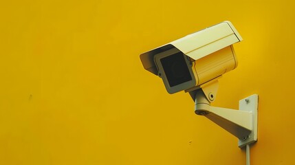 A yellow surveillance camera mounted on a wall, designed for monitoring and security.