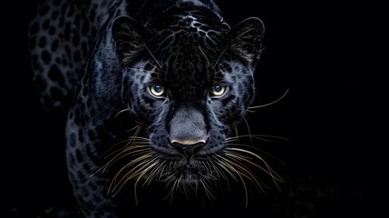 Intense close up of a majestic black panther s piercing eyes gazing intensely in the darkness.