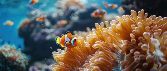 Fototapeta premium Thriving Symbiosis: Clownfish Among Sea Anemone Tentacles