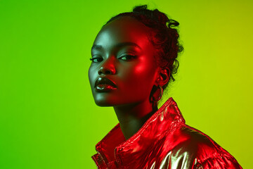 Portrait of a fashion woman with suit in green background