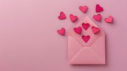 Love letter envelope overflowing with red small hearts - flat lay on pink valentines or anniversary background