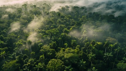 Gorgeous aerial view of conifer forest with fog drifting around at morning time with sunrise light