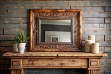 A rustic mantel with a large framed mirror and decor.