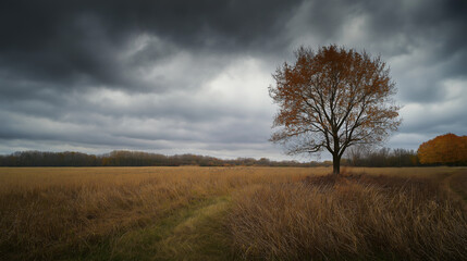 Fototapeta premium Lonely tree standing in field under stormy sky