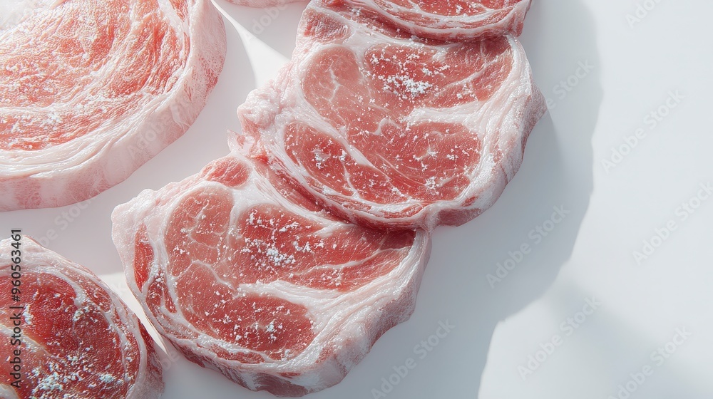 Poster hyper-realistic pork cuts displayed vertically with floating effect on detailed textures - artistic 