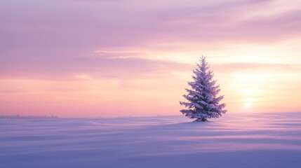 Fototapeta premium Tranquil Snowy Countryside at Sunset with Decorated Christmas Tree - Perfect for Holiday Posters