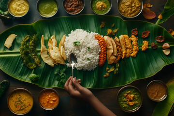 A large banana leaf with South Indian food, top view, hand holding a spoon in the center of the picture, surrounded by other dishes like chutneys.