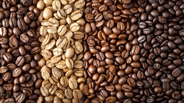 An assortment of coffee beans of different roasts light, medium, dark in separate sections, highlighting variety and choice