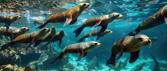Fototapeta premium Playful Group of Sea Lions Swimming Gracefully Underwater in Clear Waters - Lively Aquatic Scene