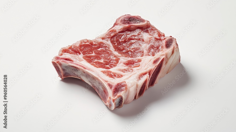 Poster artistic display of hyper-realistic pork cuts with floating effect on clean white background at an a
