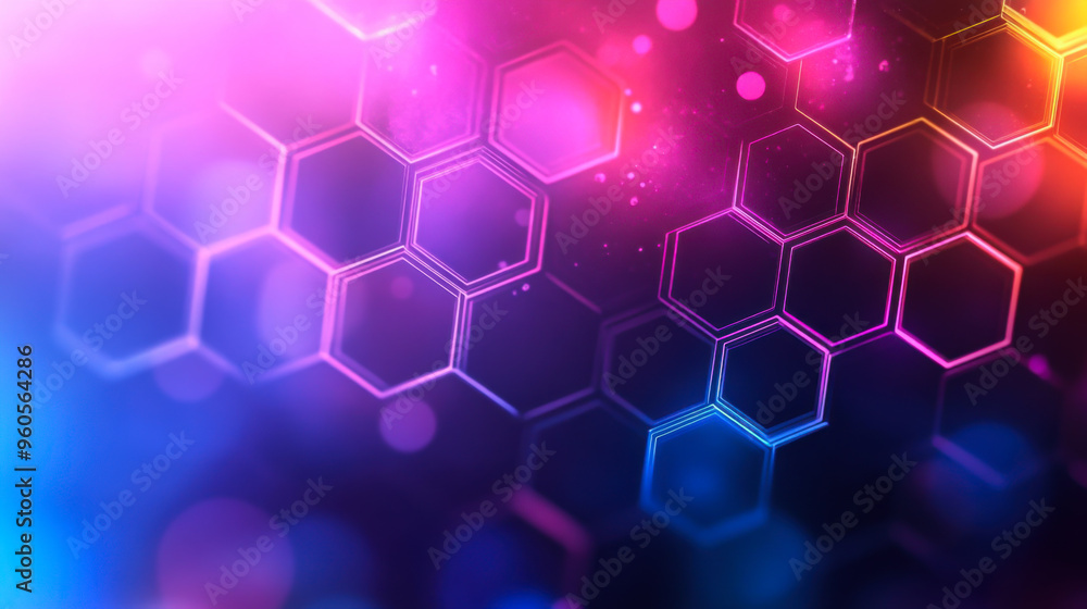 Poster colorful hexagonal patterns in a vibrant, neon-lit design creating an energetic atmosphere in a mode