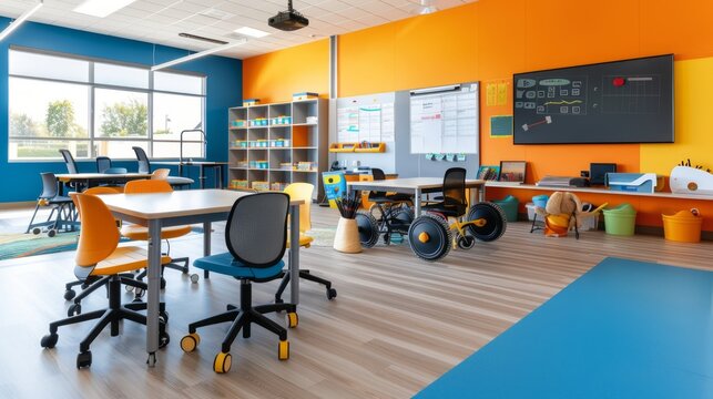A fully accessible classroom where digital tools are used to create a collaborative and inclusive learning environment, supporting students with different abilities with copy space for text