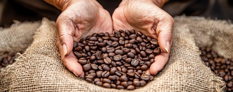 Hands cupping a handful of coffee beans over a burlap sack, conveying a sense of freshness and quality, ideal for promoting artisanal coffee