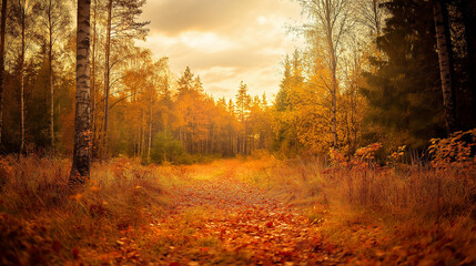 Golden autumn forest path leading to warm sunlight