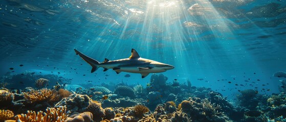 Obraz premium Majestic Reef Shark Gliding under Sunlit Waters