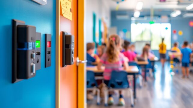 A classroom equipped with state-of-the-art security features, including electronic door locks and emergency buttons. Students in the background, creating a scene of enhanced school safety, copy space