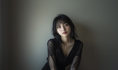 Fototapeta premium Portrait of an Asian woman, in her 20s, wearing a black v-neck lace top