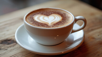 Obraz premium A cup of cappuccino set in a white plate inside cafe shop.