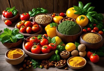 colorful food presentation highlighting variety cooking ingredients elements appealing arrangement, vibrant, colors, vegetables, fruits, herbs, spices