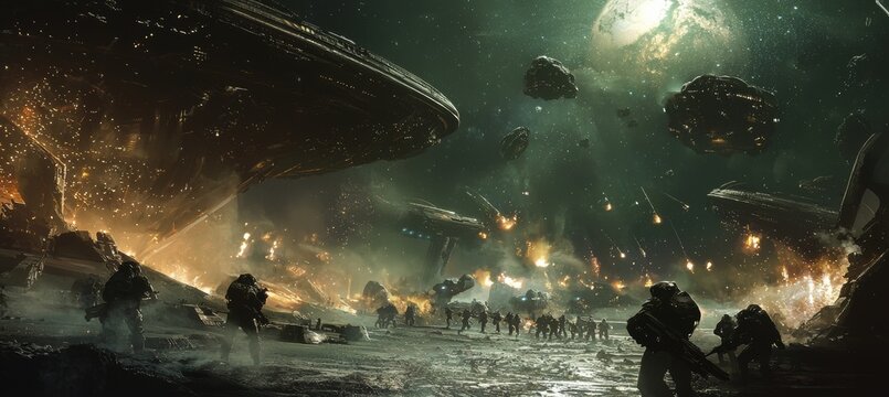 Epic Sci-Fi Space Battle with Advanced Technology and Alien Forces in an Intergalactic War Scene