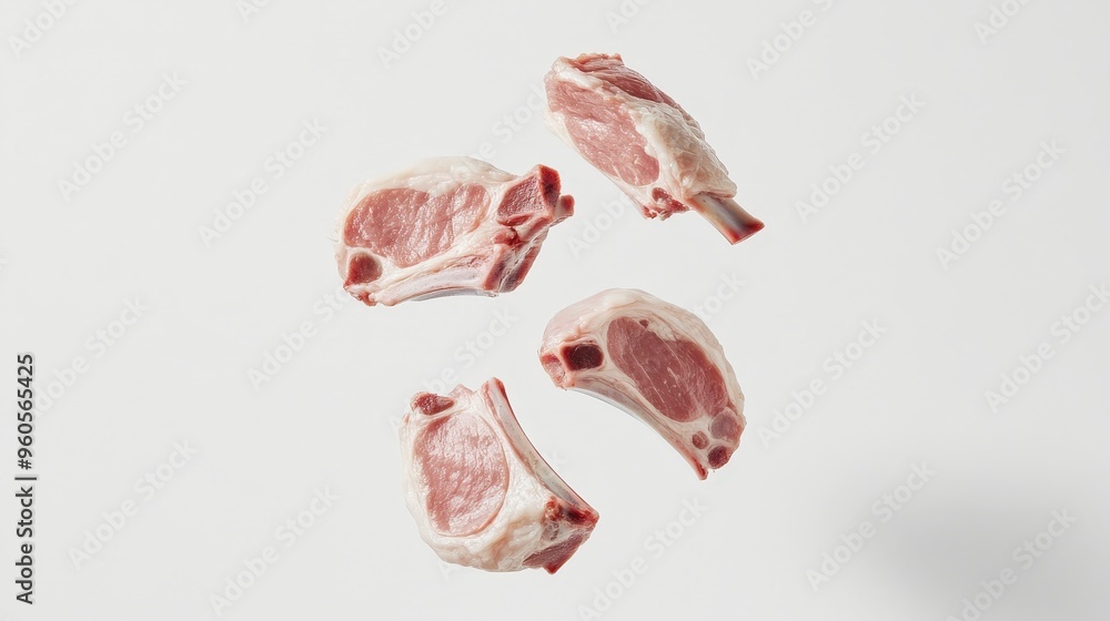 Poster culinary artistry: hyper-realistic pork cuts poster with floating effect and soft shadows on white b