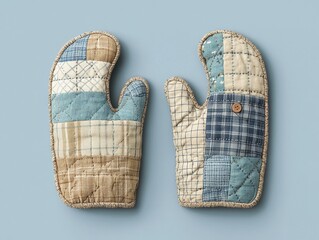 A Pair of Rustic Patchwork Oven Mitts Against a Soft Blue Background