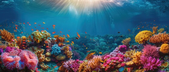 Obraz premium Serene Dawn Illuminating Vibrant Coral Reef Ecosystem Underwater