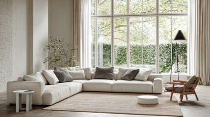 Fototapeta premium Airy Minimalist Living Room with White Sofa Tan Rug Greenery Through the Window