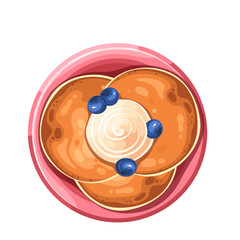 Pancakes on cartoon plate with cream and blueberry, top view. Dessert portion with sweet sauce swirl and berry for breakfast. Morning food mascot, cartoon gourmet pancakes stack vector illustration