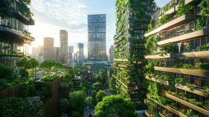 Obraz premium Sustainable Urban Green Spaces: Vertical Gardens and Pedestrian-Friendly Areas in Modern City Planning