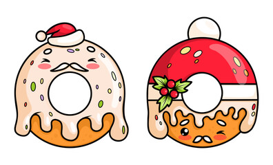 Christmas donut in Santa Claus with dripping glaze set. Isolated funny holiday New Year kawaii cartoon character food. Vector illustration. Kids collection