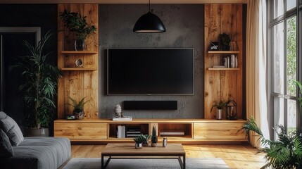 Modern Living Room with Wood Accents and Sunlit Window Focus on TV and Couch