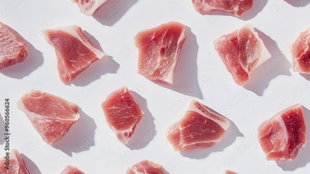 Poster hyper-realistic vertical poster of pork cuts with floating effect on white background - ideal for ar
