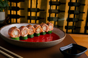 Sushi Against a Wine Cellar Backdrop