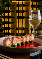 Sushi Against a Wine Cellar Backdrop
