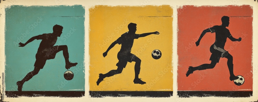 Poster retro design of football players in dynamic action poses on multicolored backgrounds
