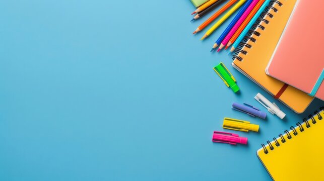 clean and organized school desk filled with notebooks, pencils, and highlighters, in a minimalistic layout with plenty of copy space for text