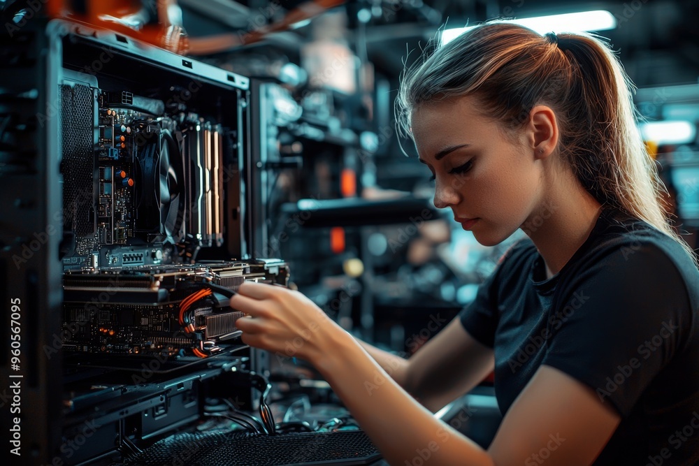 Poster woman building a custom gaming pc in high-tech workspace with rgb lighting setup