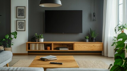 Cozy Living Room with TV Plants and Wooden Accents Low Angle Perspective