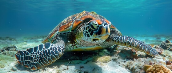 Fototapeta premium Serene Sea Turtle Resting on the Colorful Ocean Floor Amidst Coral Reefs
