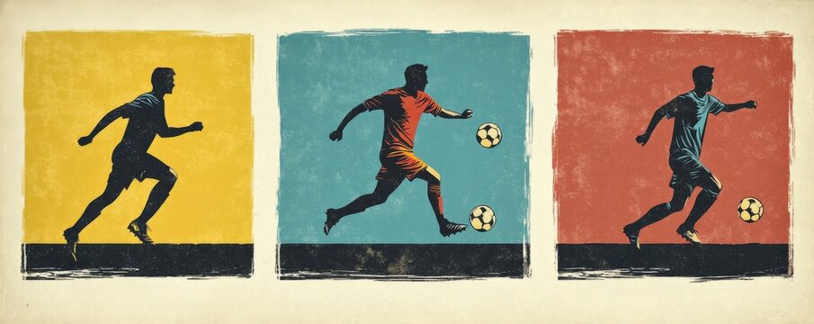 Vintage soccer players in action on colorful backgrounds