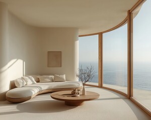 Curved Window View Minimalist Living Room with Ocean Horizon Sunlight and Wooden Accents