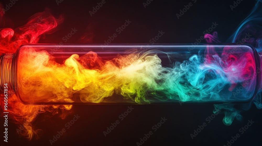 Poster in a laboratory setting, colorful smoke diffuses inside a glass tube, creating a striking visual eff