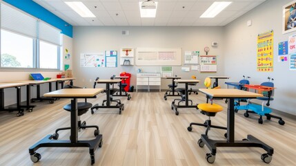 A classroom with adjustable desks and ergonomic chairs for handicapped students, with a focus on accessibility and comfort. The space is bright and welcoming, with educational materials displayed