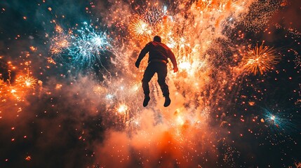 Naklejka premium A man soaring through the air on a rocket, executing a daring freestyle trick while colorful New Year's fireworks burst around him