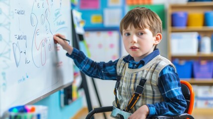 A handicapped child using an accessible classroom whiteboard with adaptive tools and supportive resources. The classroom is well-organized and designed to be inclusive for all students. Copy space