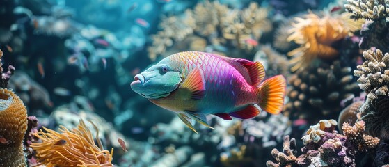 Vibrant Parrotfish Feeding on Colorful Coral Reef - Marine Life Conservation Concept